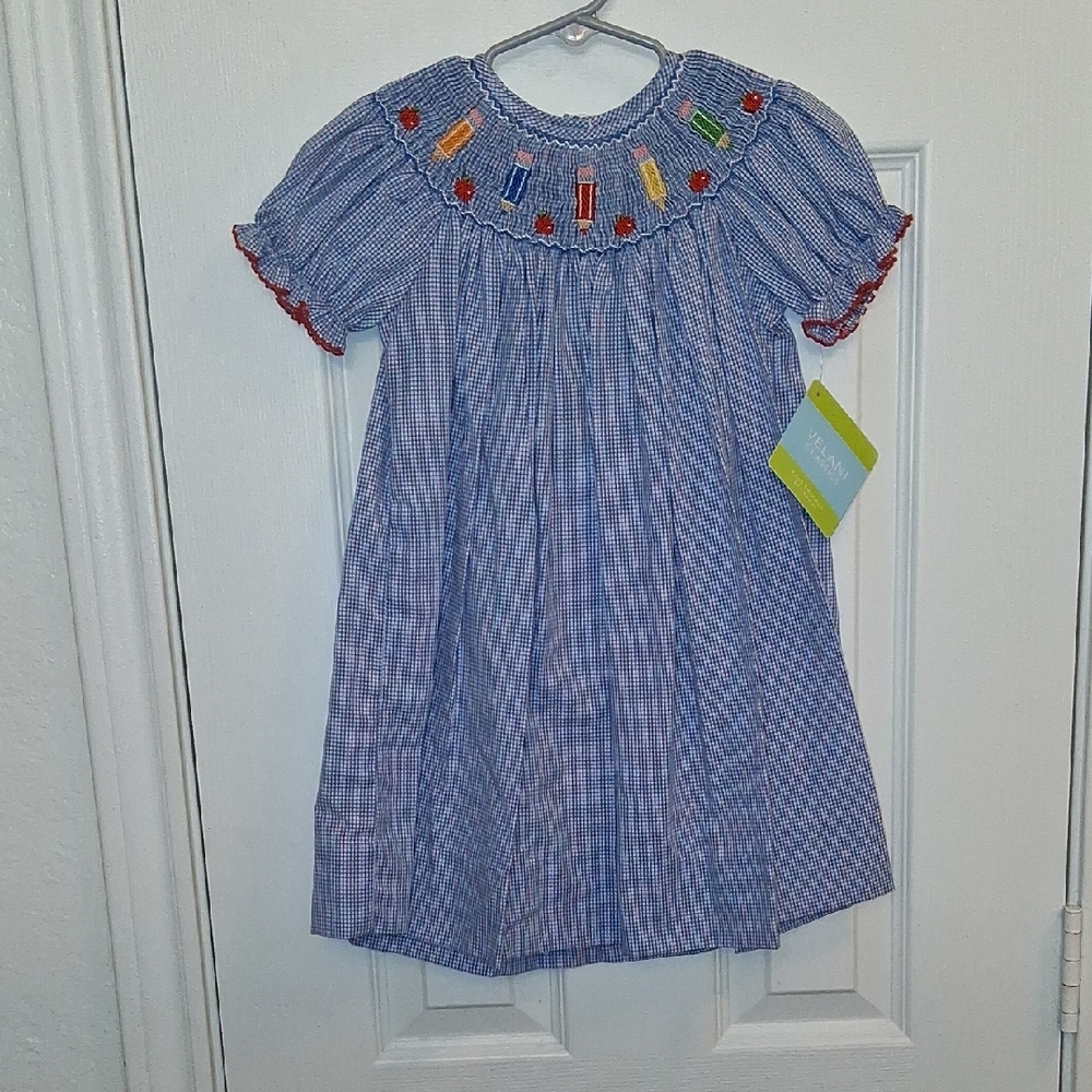 Velani School Blue Smocked Dress with Colorful Embroidery